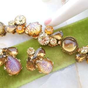 Vintage Opal Glass Bracelet Earrings Set Art Cabochon Topaz Crystal Rhinestone Renaissance Revival Mid Century Jewelry Gift, VivianJoel.com