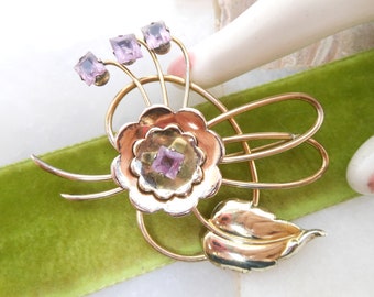 Vintage HARRY ISKIN Gold Fill Brooch Flower Pin Lilac Crystal Rhinestone GF Designer Mid Century Jewelry Gift, VivianJoel.com