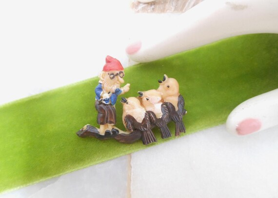 Vintage Elf Pixie Celluloid Brooch Chickadee Bird… - image 1