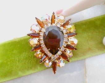 Vintage JULIANA Topaz Rhinestone Brooch Aurora Borealis Crystal Pin Pendant Regency Revival Mid Century Jewelry Gift, VivianJoel.com