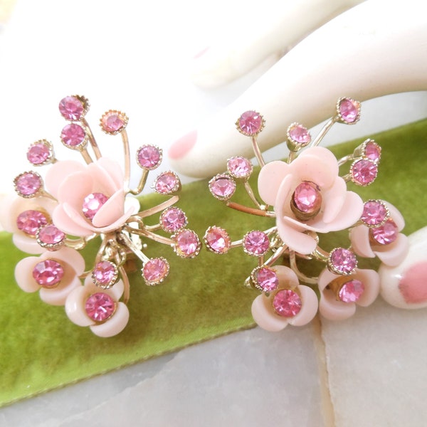 Vintage Pink Rhinestone Earrings Clip On Plastic Flower Retro Kitsch Mid Century Jewelry Gift, VivianJoel.com