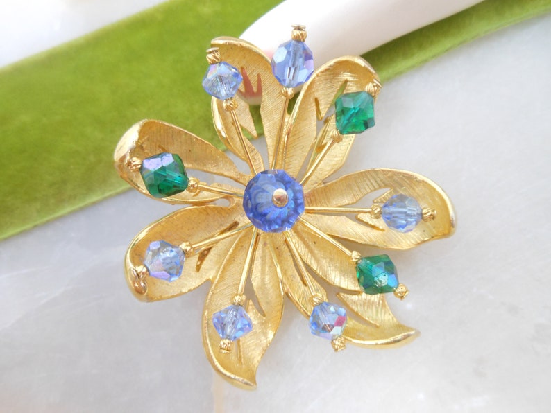 Vintage CORO Crystal Starburst Designer Flower Bead Pin Brooch Jewelry Gift Mid Century VivianJoel.com