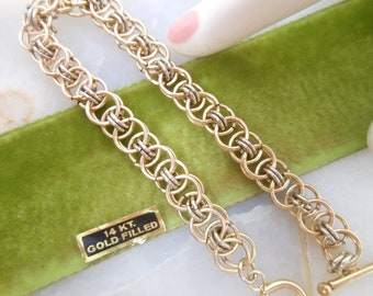 Vintage GOLD FILLED Bracelet Charm Starter Multi Link Chain Toggle Clasp 14Kt GF Jewelry Art Deco Mid Century, VivianJoel.com