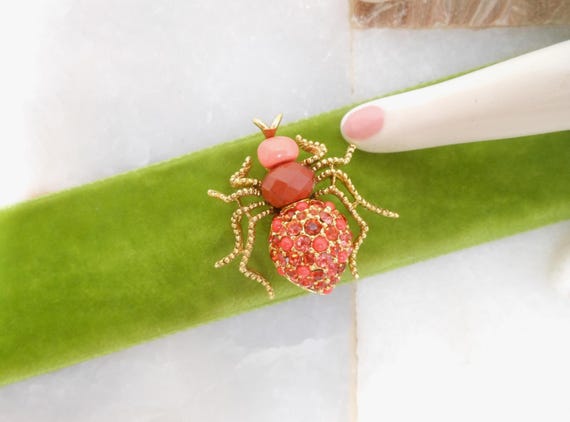 Vintage JOAN RIVERS Brooch Faux Coral Bug Pin Orange Rhinestone Crystal Beetle Spider Insect Celebrity Designer Jewelry Gift, VivianJoel.com