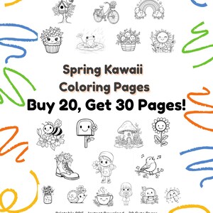 Spring Kawaii Coloring Pages – 30 Printable Cute Coloring Sheets for Kids & Adults – Instant Download PDF