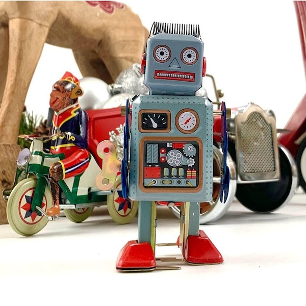 Vintage Style Tin Wind Up Robot In a Box Adorable Home Decor Gift Toy