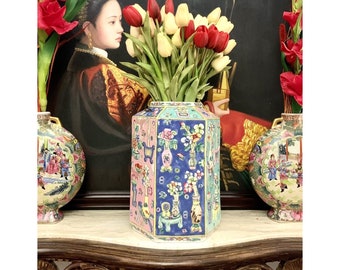 Chinoiserie Ginger Jar Colorful Relief Textured Design Hexagon Shape Vintage Oriental Decor