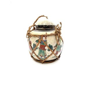 Chinoiserie Ginger Jar Porcelain Oriental Design with Wicker Casing Vintage Decor