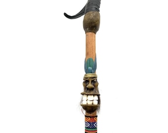 Cane Walking Stick Carved Tiki Detailed Horn Handle Vintage Tribal Collectibles