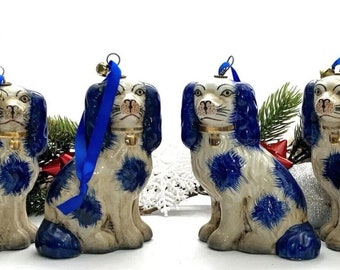 King Charles Staffordshire Dog Pair White & Blue Christmas Ornimates Decor