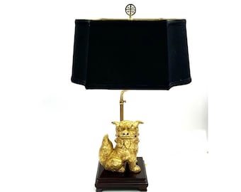 Gold Leaf Foo Dog Lamp with Vintage Shade