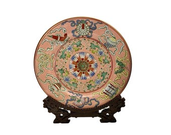 Plate Family Rose Antique Chinese Qing Dynasty with Stand Collectible Decor