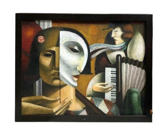 Painting Surrealist Original Oil on Canvas Signed C. Parks Vintage Cubist Art