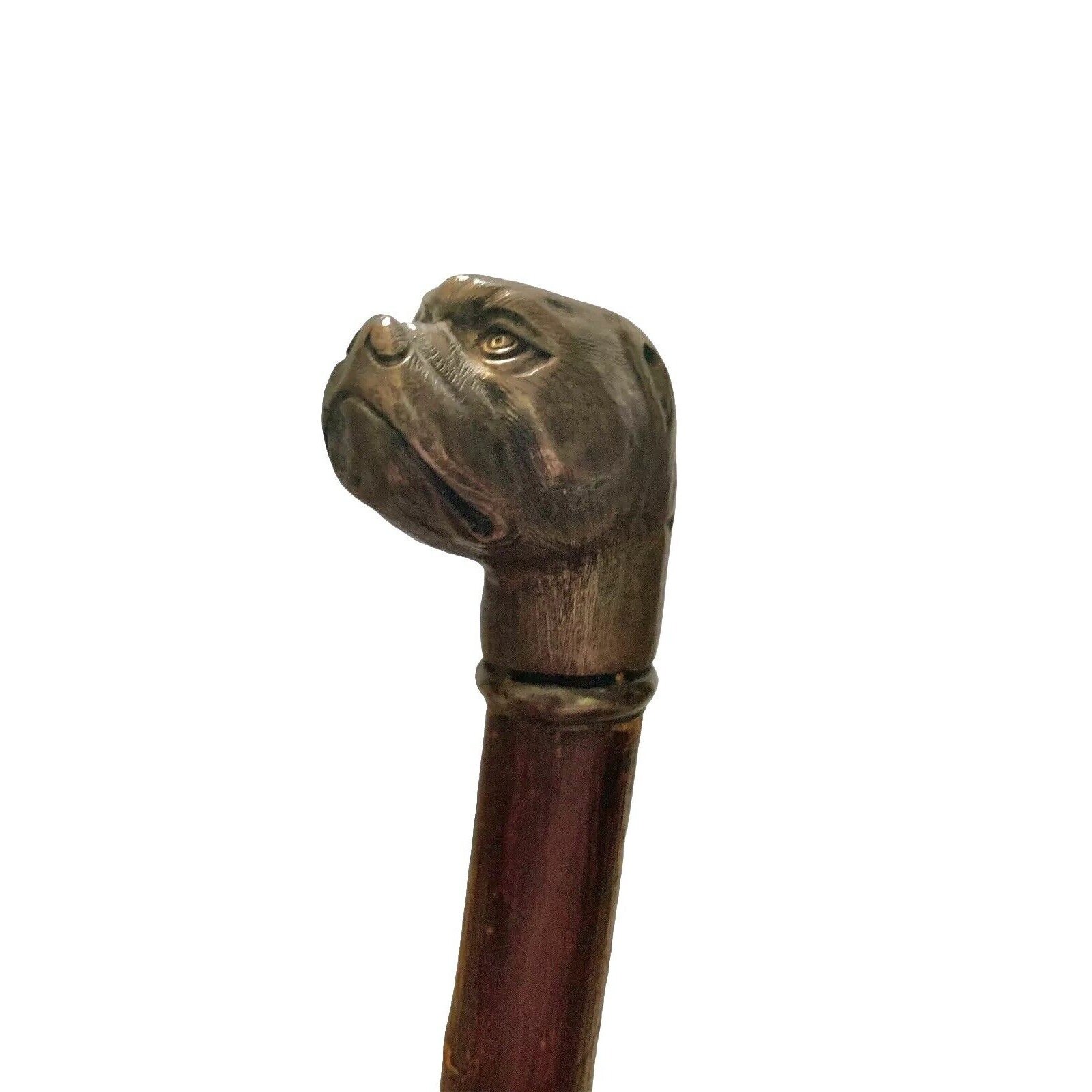 Dog Handle Design on Cane Vintage Bulldog Metal Shape on Wood Walking Stick