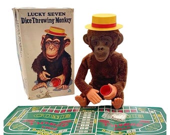 Monkey Toy Lucky Seven Mechanical Throwing Dice Japan Vintage
