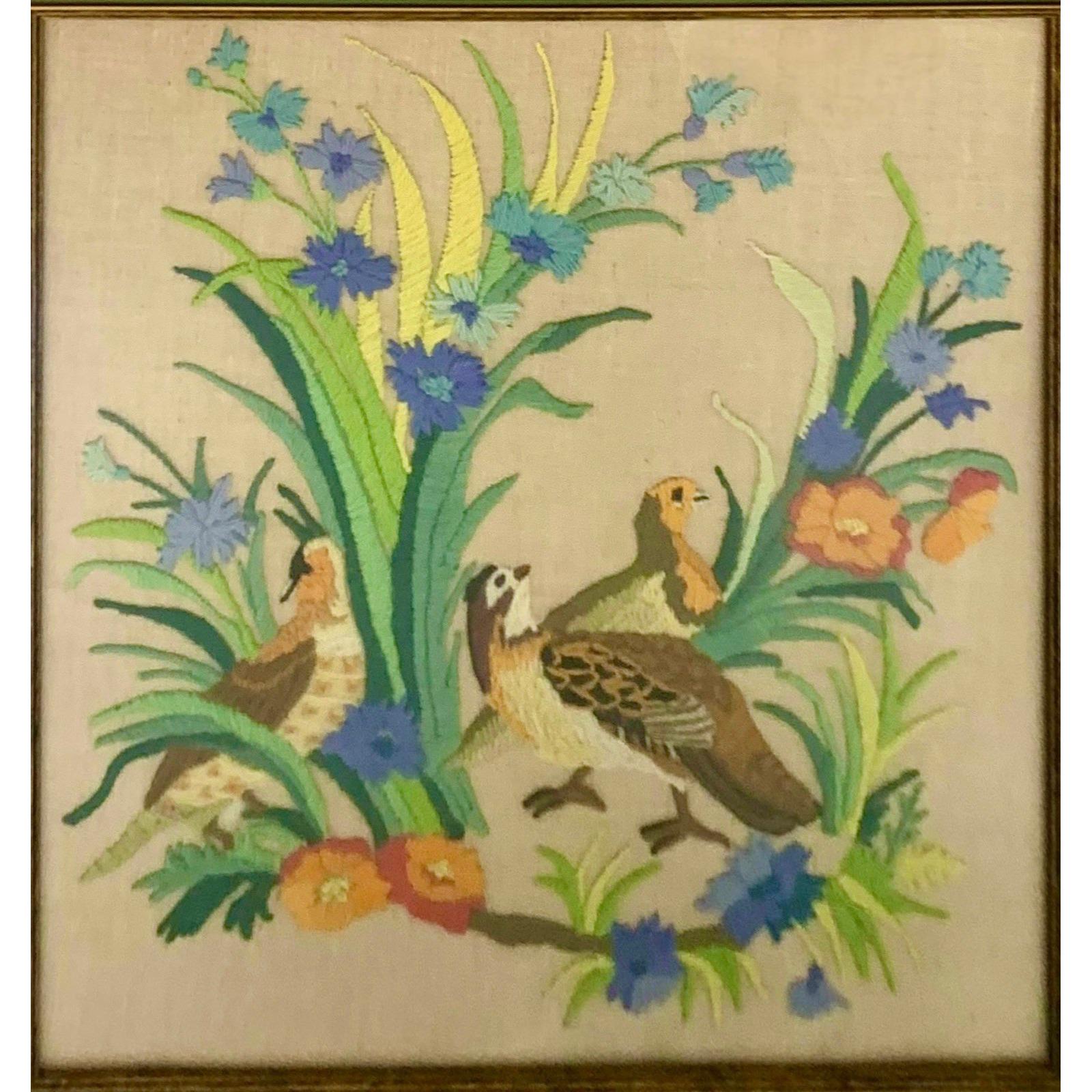 Vintage Framed Crewel Hand Embroidery With Bird and Floral Motif Design ...