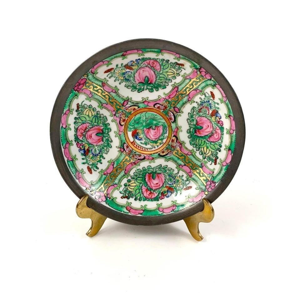 Vintage Oriental Rose Medallion Decorative Plate with Metal back & Stand Collectibles Decor Gift