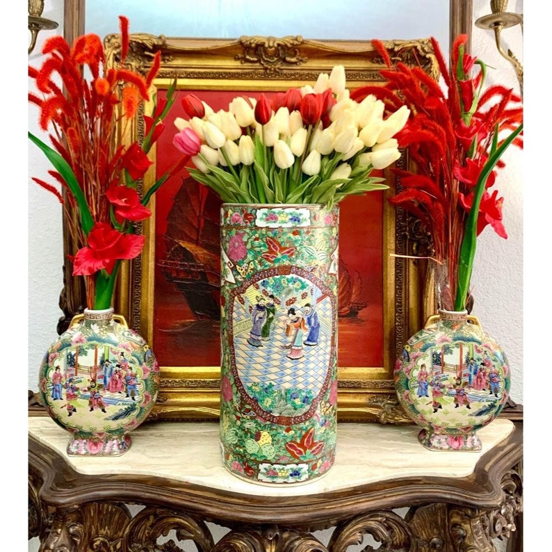 Vase / Umbrella Stand Oriental Decor Vintage Rose Medallion Etsy