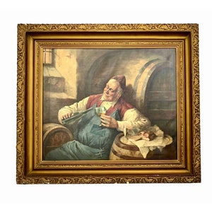 Painting Rest Time Oil on Canvas Framed Signed F. Kerber German Vintage Art