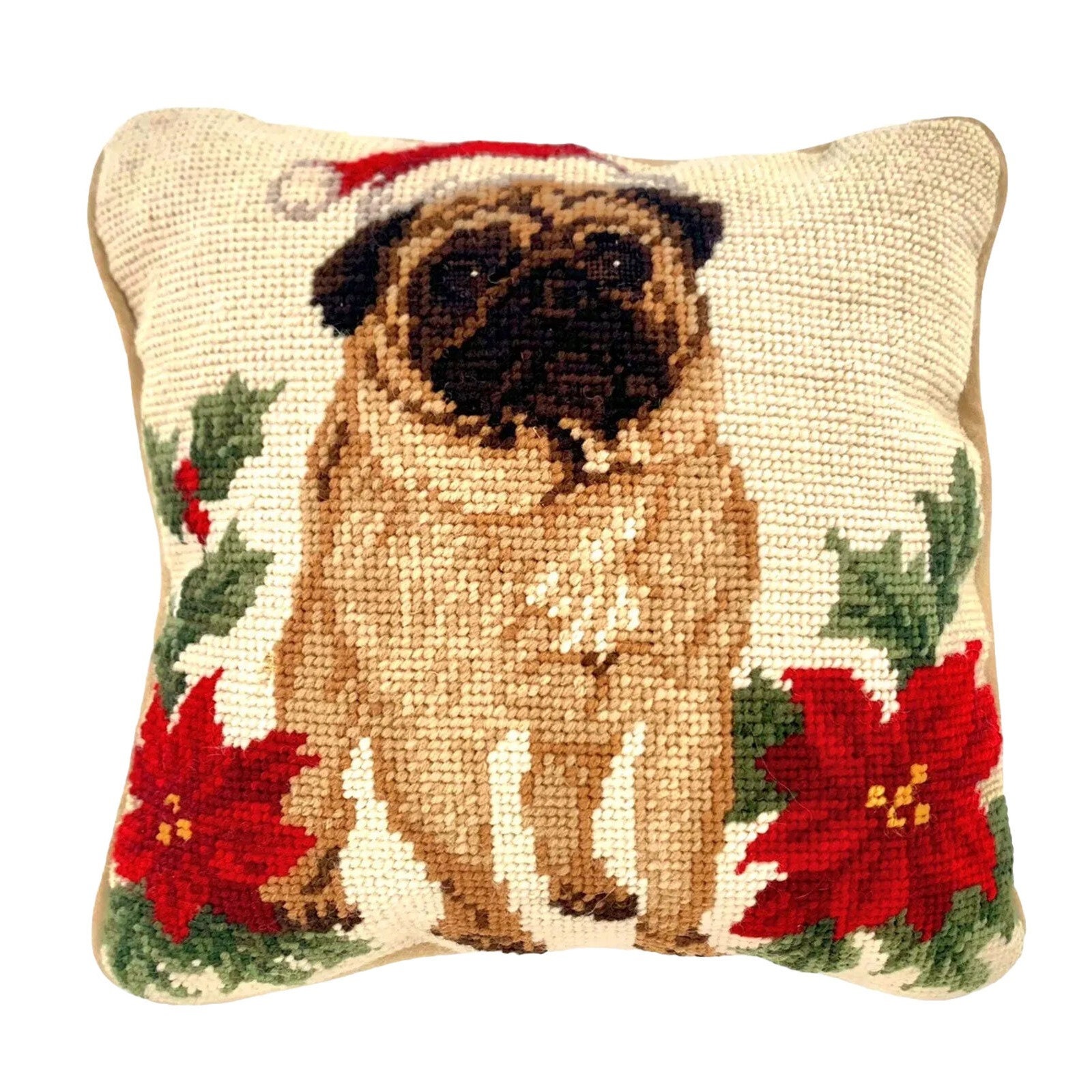 Pug Dog Design Petite Tapestry Decorative Pillow Vintage Christmas Theme Gift