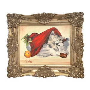Cat Painting Sleeping Kitten Oil on Canvas Framed Signed Vintage Art Decor