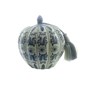 Ginger Jar Blue and White Porcelain With Large Tassel Vintage Oriental Decor