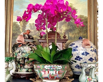 Orchid Arrangment Real Touch and Look Faux Floral in Rose Medallion Bowl