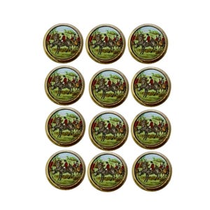 May include: Twelve round, gold-toned buttons with a raised, white-rimmed design. Each button features a colorful illustration of a group of people riding horses through a green field.