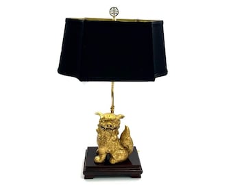 Vintage Gold Leaf Foo Dog Lamp: Oriental Style Statue on Wood Base