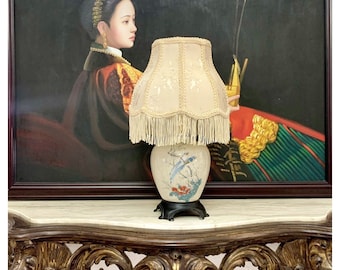 Lamp Porcelain with Bird Design on Base with  Lamp Shade Vintage Oriental Decor