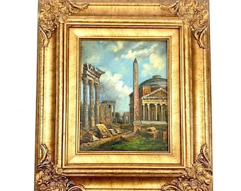 Vintage Oil Painting: Old World Cityscape in Golden Frame