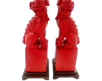 Foo Dog Red Large 15”Resin  Figurine Pair Fu Foo Guardian Lion Statue Oriental Asian Decor