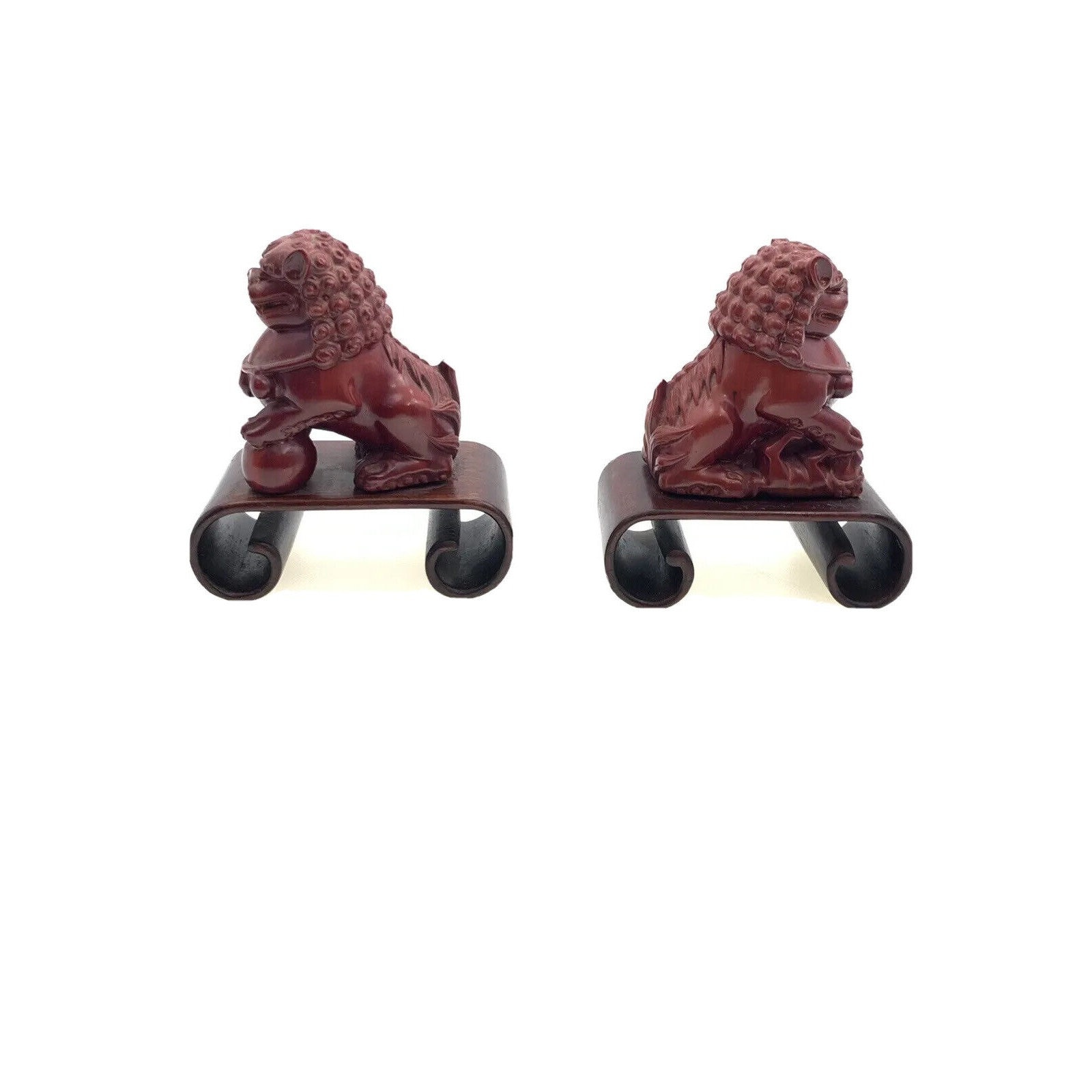 Foo Dog Figurine Pair Small Red Resin Statuette on Base Foo Dog Figurine Pair Small Red Resin Statuette on Base