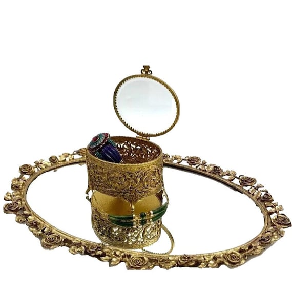 Jewelry Trinket Box Brass with Glass Top Vintage … - image 1
