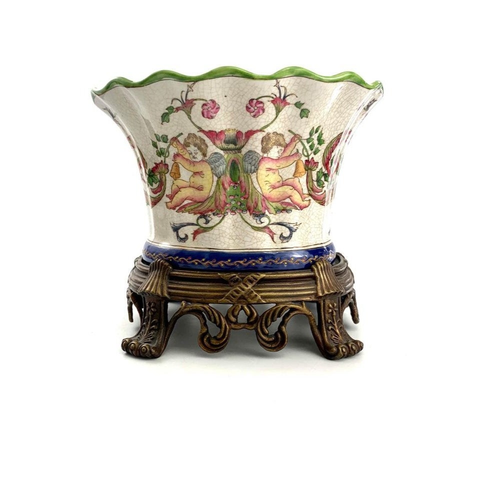 Vintage Oriental Vase: Cherub Design Metal Base, Home Decor