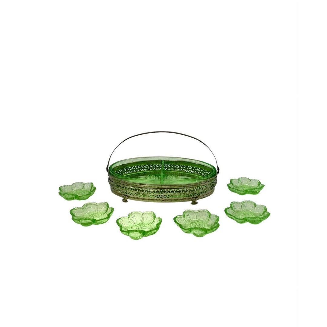 Uranium Candy Dish in Metal Holder and Small Leaf Dish Vintage