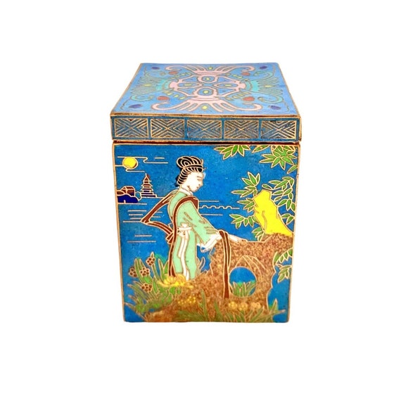 Trinket Box Oriental Cloisonné Enamel with Design… - image 3