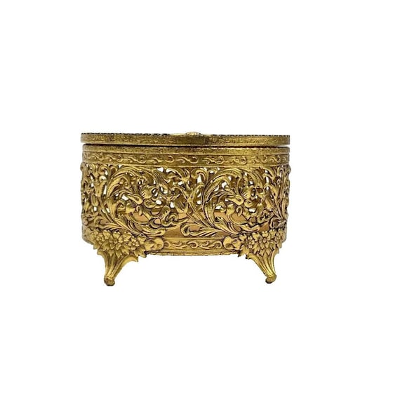 Jewelry Trinket Box Brass with Glass Top Vintage … - image 3