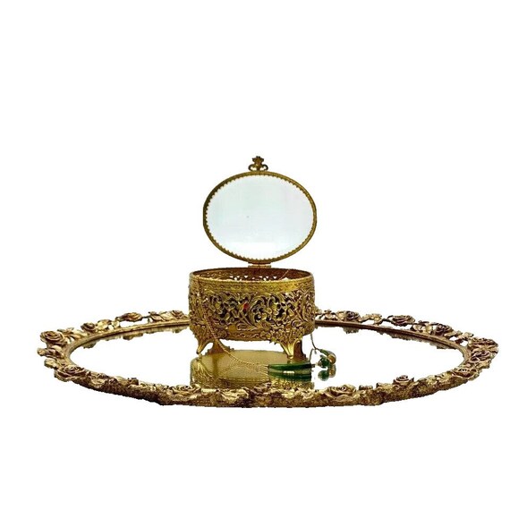 Jewelry Trinket Box Brass with Glass Top Vintage … - image 2