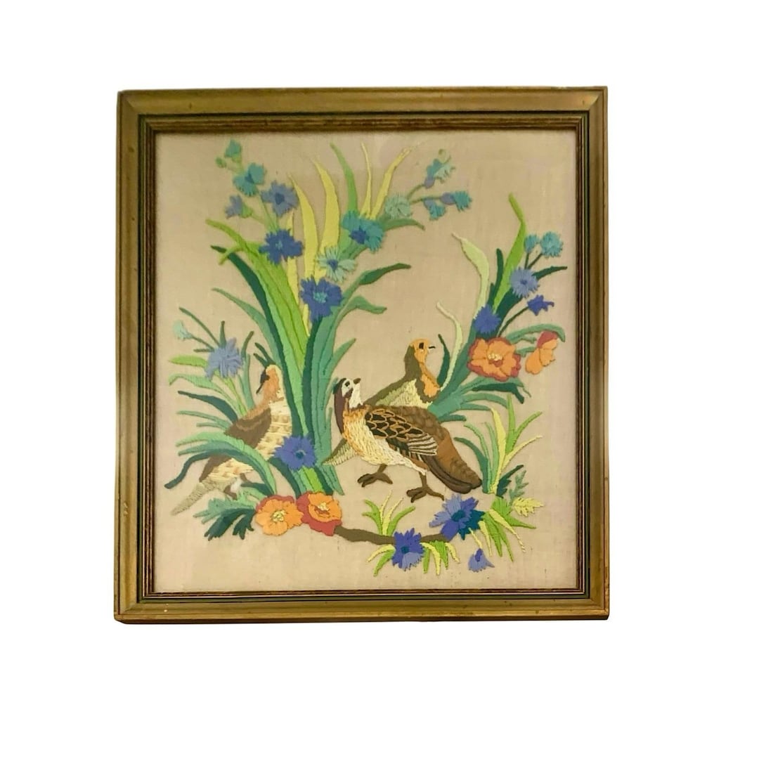 Vintage Framed Crewel Hand Embroidery With Bird and Floral Motif Design ...
