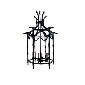 May include: Black metal pagoda-style chandelier with four faux candle lights. The chandelier has a bamboo-like frame and a decorative top. The design is reminiscent of Asian architecture, suitable for interior lighting.