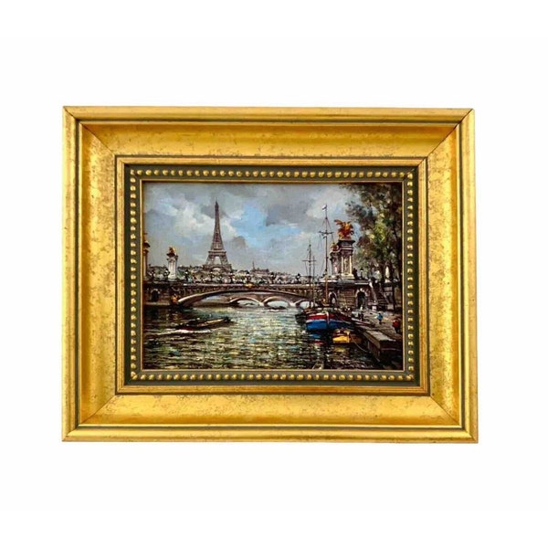 Painting Eiffel Tower Miniature Oil on Canvas Paris City Scenery Vintage Art