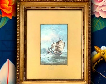 Painting Ship in Wild Ocean Oriental Seacape Vintage Nautical Art Decor