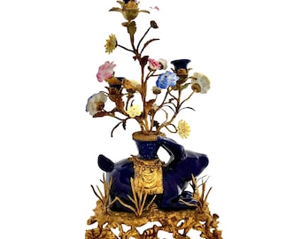 Rabbit Porcelain Candelabra on Bronze Base Flower Design Vintage French Decor
