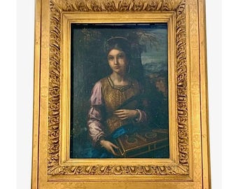 Antique Saint Cecilia Portrait Oil Painting in Ornate Frame Renaissance Decor