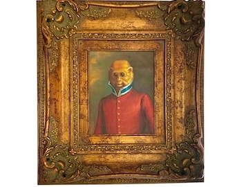 Monkey Painting Adorable Portrait Oil on Canvas Vintage Whimsical Decor Art