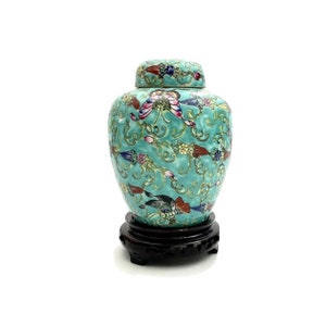 Ginger Jar Colorful Porcelain with Wooden Base Vintage Oriental Decor