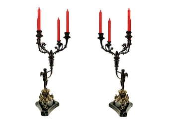 Candelabra Candle Holder Pair Large Bronze Marble Cherub Angel Design Vintage Decor