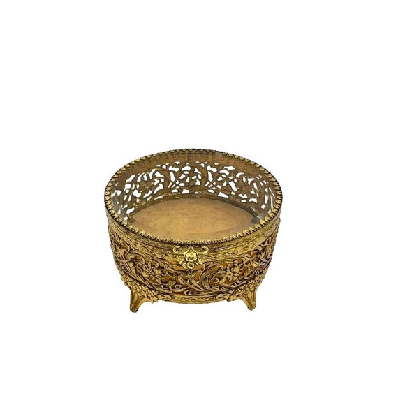 Jewelry Trinket Box Brass with Glass Top Vintage … - image 4