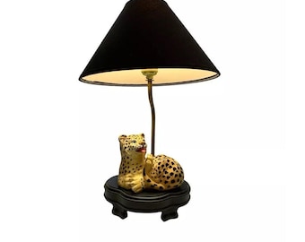 Cheetah Figurine Lamp Plaster Cub on Wood Base Vintage Safari Decor